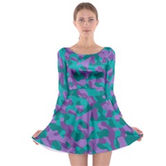 Purple And Teal Camouflage Pattern Long Sleeve Skater Dress by SpinnyChairDesigns