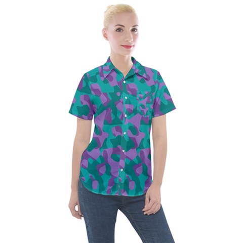 Purple And Teal Camouflage Pattern Women s Short Sleeve Pocket Shirt by SpinnyChairDesigns