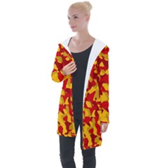 Red And Yellow Camouflage Pattern Longline Hooded Cardigan by SpinnyChairDesigns