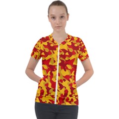 Red And Yellow Camouflage Pattern Short Sleeve Zip Up Jacket by SpinnyChairDesigns