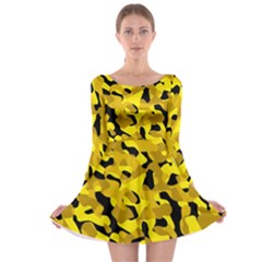 Black And Yellow Camouflage Pattern Long Sleeve Skater Dress by SpinnyChairDesigns