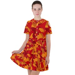 Red And Orange Camouflage Pattern Short Sleeve Shoulder Cut Out Dress  by SpinnyChairDesigns