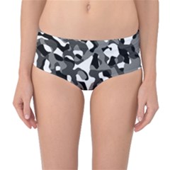 Black And White Camouflage Pattern Mid-waist Bikini Bottoms by SpinnyChairDesigns