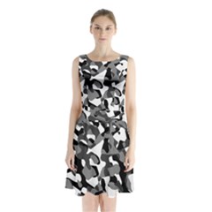 Black And White Camouflage Pattern Sleeveless Waist Tie Chiffon Dress by SpinnyChairDesigns