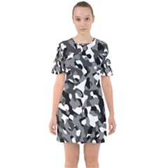 Black And White Camouflage Pattern Sixties Short Sleeve Mini Dress by SpinnyChairDesigns