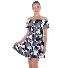 Black And White Camouflage Pattern Off Shoulder Velour Dress by SpinnyChairDesigns