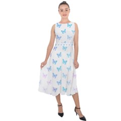 Light Blue Pink Butterflies Pattern Midi Tie-back Chiffon Dress by SpinnyChairDesigns