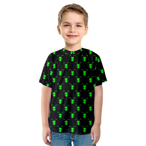 Neon Green Bug Insect Heads On Black Kids  Sport Mesh Tee by SpinnyChairDesigns