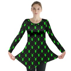 Neon Green Bug Insect Heads On Black Long Sleeve Tunic  by SpinnyChairDesigns