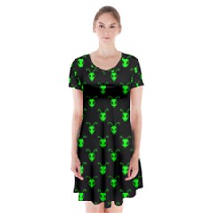 Neon Green Bug Insect Heads On Black Short Sleeve V-neck Flare Dress by SpinnyChairDesigns