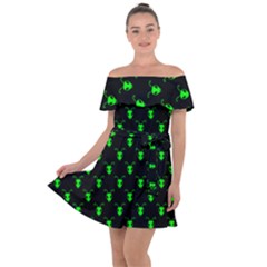 Neon Green Bug Insect Heads On Black Off Shoulder Velour Dress by SpinnyChairDesigns