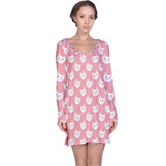 Cute Cat Faces White And Pink Long Sleeve Nightdress by SpinnyChairDesigns