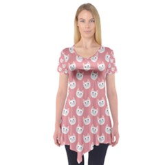 Cute Cat Faces White And Pink Short Sleeve Tunic  by SpinnyChairDesigns