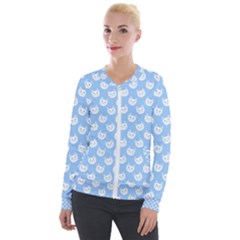 Cute Cat Faces White And Blue  Velour Zip Up Jacket by SpinnyChairDesigns