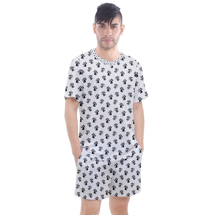 Cat Dog Animal Paw Prints Pattern Black and White Men s Mesh Tee and Shorts Set