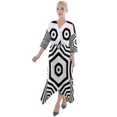 Black And White Line Art Stripes Pattern Quarter Sleeve Wrap Front Maxi Dress by SpinnyChairDesigns