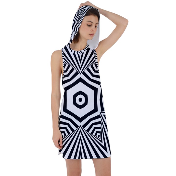 Black and White Line Art Stripes Pattern Racer Back Hoodie Dress