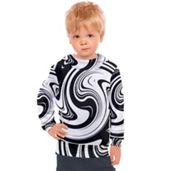 Black And White Swirl Spiral Swoosh Pattern Kids  Hooded Pullover by SpinnyChairDesigns