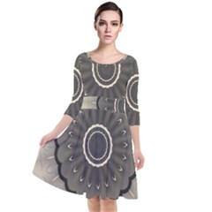 Beige Kaleidoscope Mandala Arabesque Pattern Quarter Sleeve Waist Band Dress by SpinnyChairDesigns