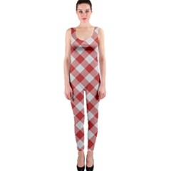 Picnic Gingham Red White Checkered Plaid Pattern One Piece Catsuit by SpinnyChairDesigns