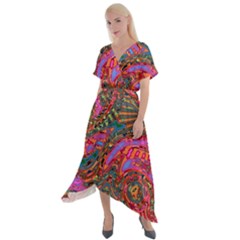 Abstract Art Multicolored Pattern Cross Front Sharkbite Hem Maxi Dress by SpinnyChairDesigns