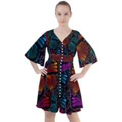 Colorful Monarch Butterfly Pattern Boho Button Up Dress by SpinnyChairDesigns