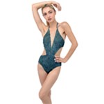 Dark Teal Butterfly Pattern Plunging Cut Out Swimsuit