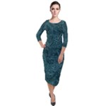 Dark Teal Butterfly Pattern Quarter Sleeve Midi Velour Bodycon Dress