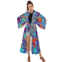 Cosmos Flowers Blue Red Maxi Kimono by DinkovaArt