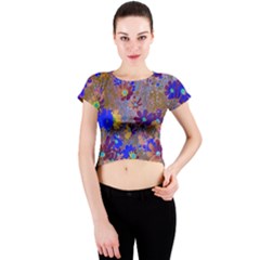 Cosmos Flowers Brown Blue Crew Neck Crop Top