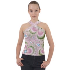Pastel Pink Abstract Floral Print Pattern Cross Neck Velour Top