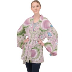 Pastel Pink Abstract Floral Print Pattern Long Sleeve Velvet Kimono 
