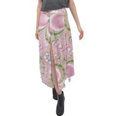 Pastel Pink Abstract Floral Print Pattern Velour Split Maxi Skirt