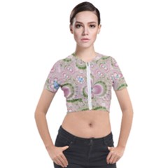 Pastel Pink Abstract Floral Print Pattern Short Sleeve Cropped Jacket