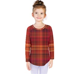 Red Brown Orange Plaid Pattern Kids  Long Sleeve Tee