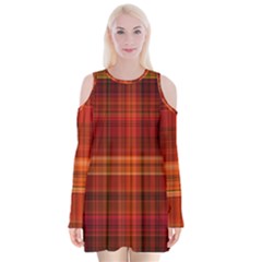 Red Brown Orange Plaid Pattern Velvet Long Sleeve Shoulder Cutout Dress