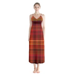 Red Brown Orange Plaid Pattern Button Up Chiffon Maxi Dress