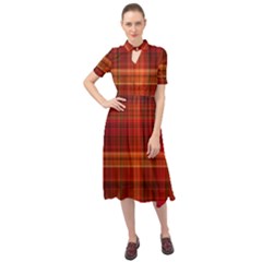 Red Brown Orange Plaid Pattern Keyhole Neckline Chiffon Dress