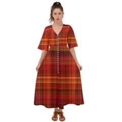 Red Brown Orange Plaid Pattern Kimono Sleeve Boho Dress