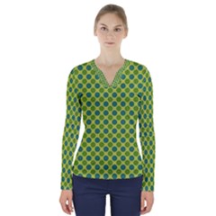 Green Polka Dots Spots Pattern V-neck Long Sleeve Top