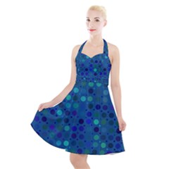 Blue Polka Dots Pattern Halter Party Swing Dress  by SpinnyChairDesigns