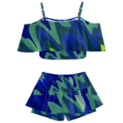 Blue Green Zig Zag Waves Pattern Kids  Off Shoulder Skirt Bikini by SpinnyChairDesigns