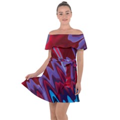 Red Blue Zig Zag Waves Pattern Off Shoulder Velour Dress by SpinnyChairDesigns