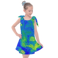 Neon Green Blue Grunge Texture Pattern Kids  Tie Up Tunic Dress by SpinnyChairDesigns