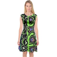 Green And Black Abstract Pattern Capsleeve Midi Dress by SpinnyChairDesigns