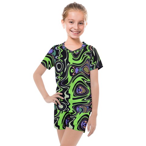 Green And Black Abstract Pattern Kids  Mesh Tee And Shorts Set by SpinnyChairDesigns