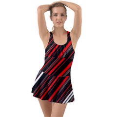 Red Black White Stripes Pattern Ruffle Top Dress Swimsuit by SpinnyChairDesigns