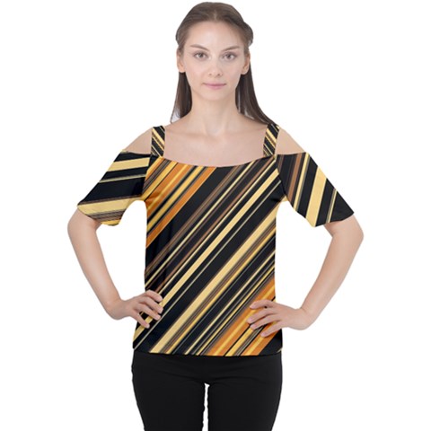 Black And Yellow Stripes Pattern Cutout Shoulder Tee by SpinnyChairDesigns