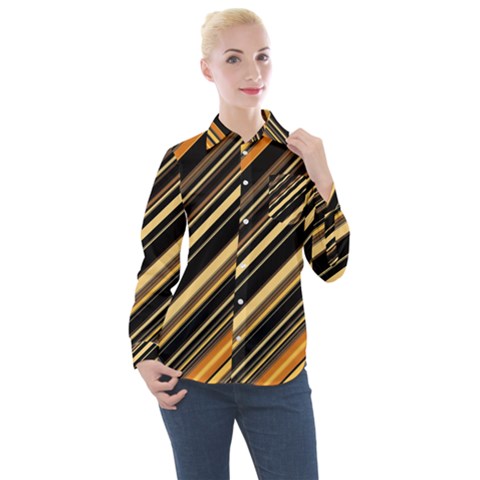 Black And Yellow Stripes Pattern Women s Long Sleeve Pocket Shirt by SpinnyChairDesigns