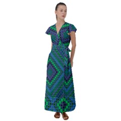 Blue Green Diamond Pattern Flutter Sleeve Maxi Dress by SpinnyChairDesigns